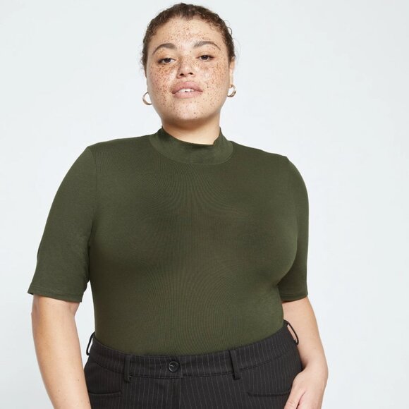 Universal Standard Modern Mock Neck Tee in Olive Green - Picture 1 of 6